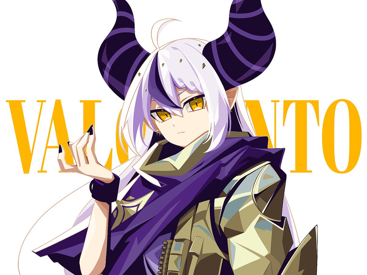 la+ darknesss 1girl horns solo pointy ears yellow eyes cosplay purple hair  illustration images
