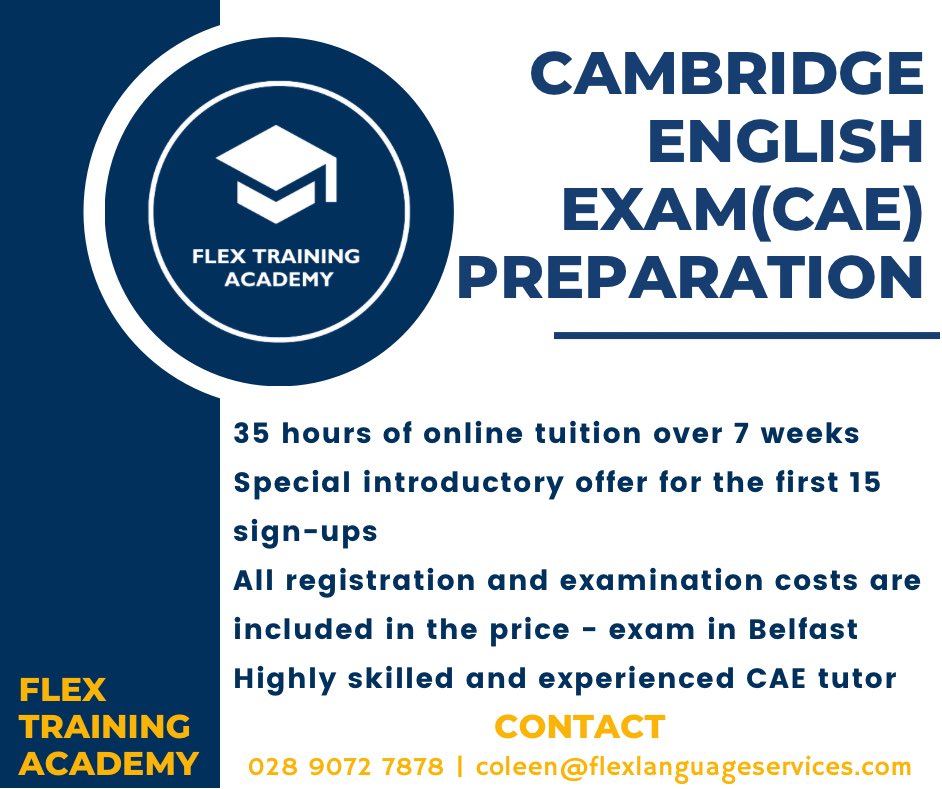 𝗖𝗮𝗺𝗯𝗿𝗶𝗱𝗴𝗲 𝗘𝗻𝗴𝗹𝗶𝘀𝗵 𝗘𝘅𝗮𝗺 𝗣𝗿𝗲𝗽𝗮𝗿𝗮𝘁𝗶𝗼𝗻

FLEX Language Services is offering preparation for the Cambridge English Exam (𝐂𝐄𝐀) 👩‍🎓 

For more information contact Coleen
📞 028 9072 7878
📧 coleen@flexlanguageservices.com