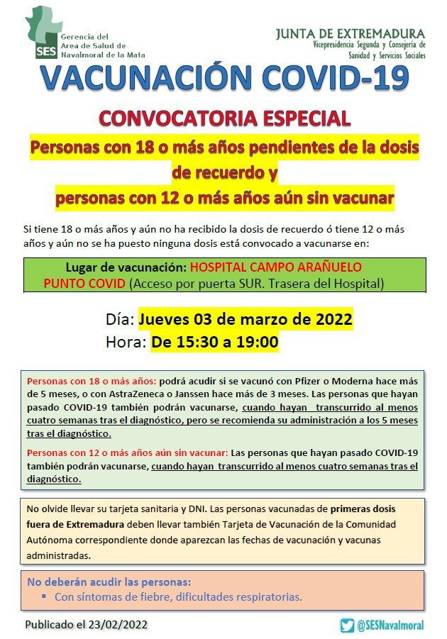 SESNavalmoral's tweet photo. VACUNACION COVID
Convocatoria especial mayores 18 años pendientes de dosis de recuerdo y mayores de 12 aún sin vacunar.
Hospital Campo Arañuelo https://t.co/GWyd6xi7SY