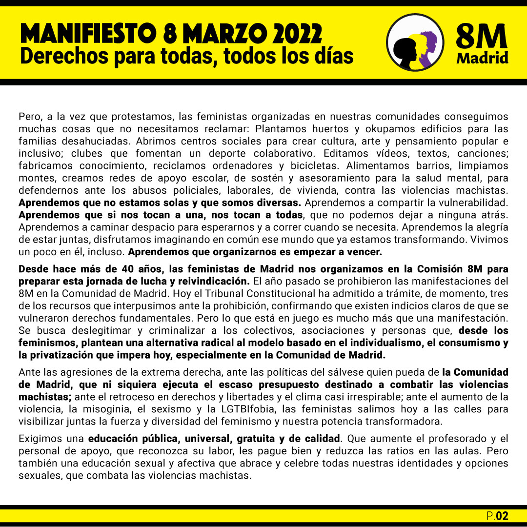 FeminismosMad's tweet photo. 💜 Manifiesto de este año #8M2022 💜

Para todas vosotras 
#AquíEstamosLasFeministas https://t.co/7GHeTvgmGI
