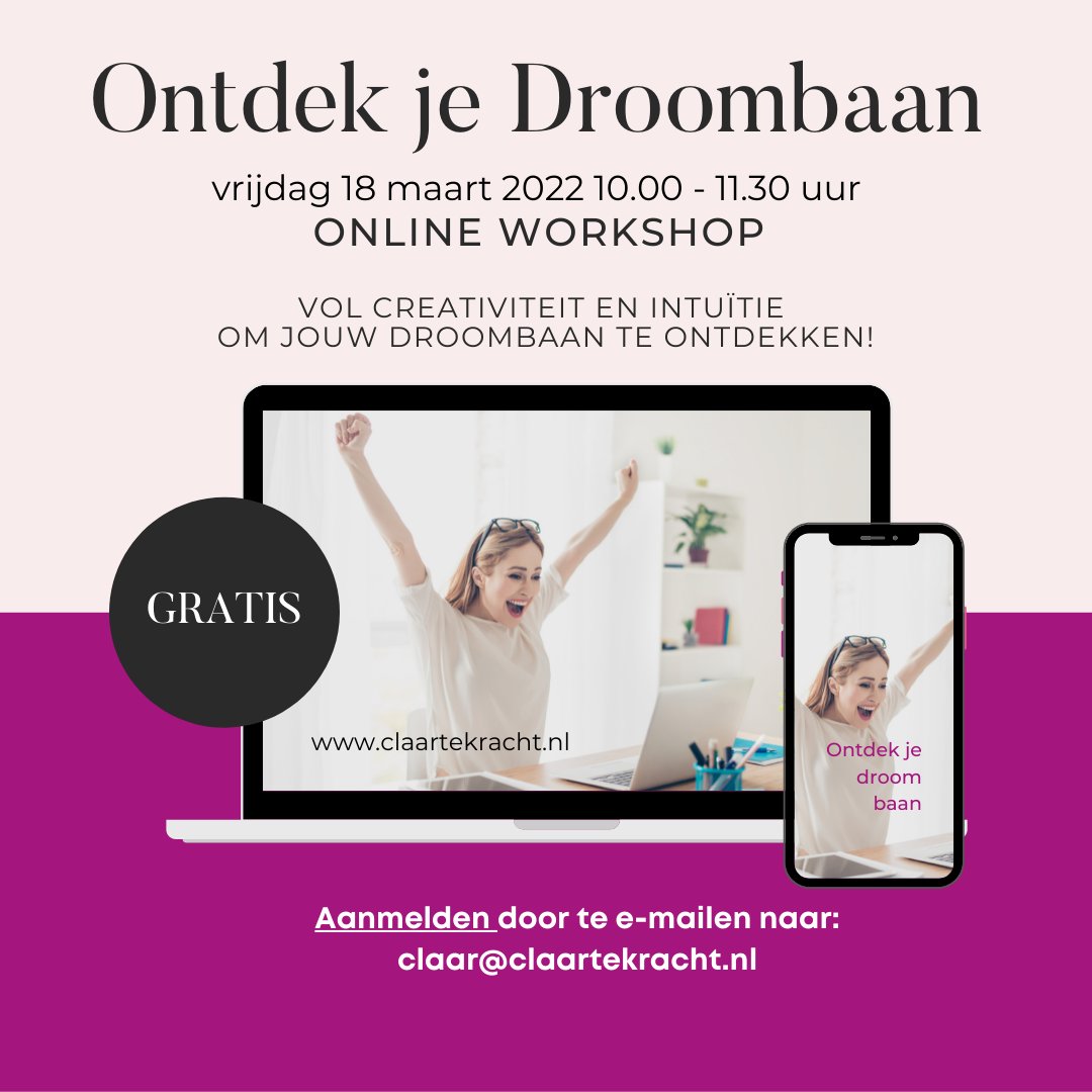 Klaar om je droombaan te ontdekken? Welkom op vrijdagmorgen 18 maart 9.30 uur voor de gratis online workshop.
Aanmelden door mij te mailen. 
Have a Happy Workday!
Claar