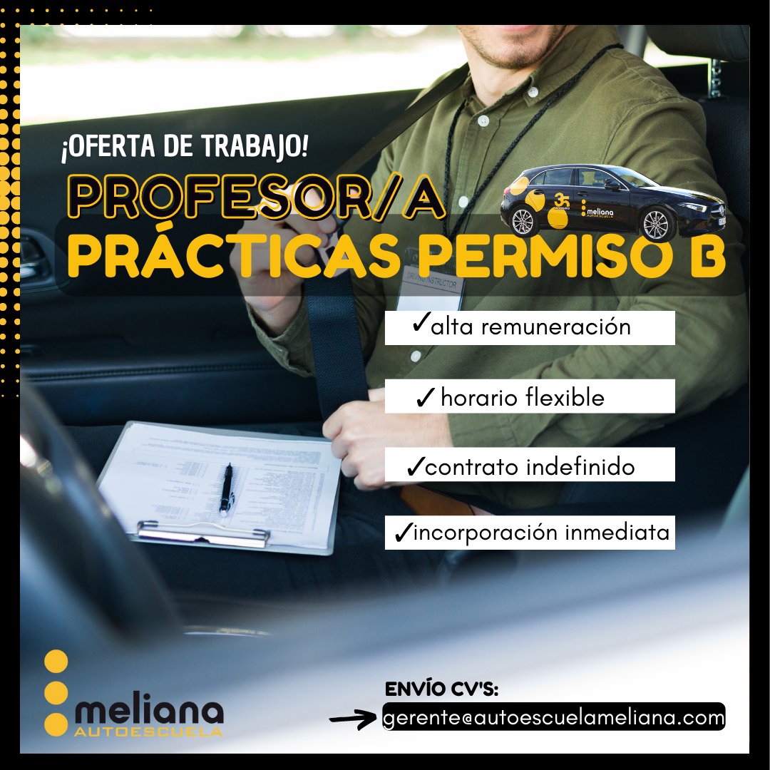 ¡NUEVA OFERTA DE #TRABAJO! 

Buscamos  profesor/a para prácticas #permisob en #Valencia 

Se ofrece: 
👉Alta remuneración 
👉Horario Flexible 
👉Contrato Indefinido 
👉Incorporación Inmediata 

 cv's a: gerente@autoescuelameliana.com 
#trabajo #trabajovalencia #trabajohortanord