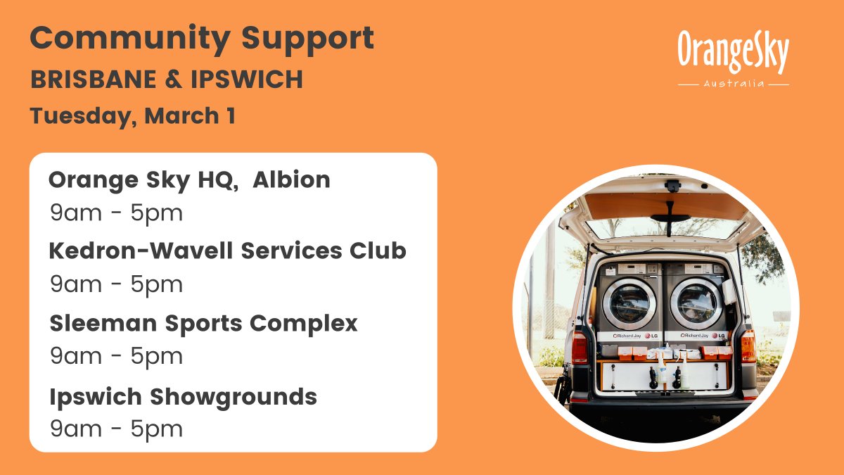 Help us spread the word!

Free laundry services available in Brisbane &amp; Ipswich to support the community impacted by flooding.

☑️ Last wash is one hour before the end of shift
☑️ We supply detergent
☑️ More locations to be announced as required over the coming days

#qldfloods