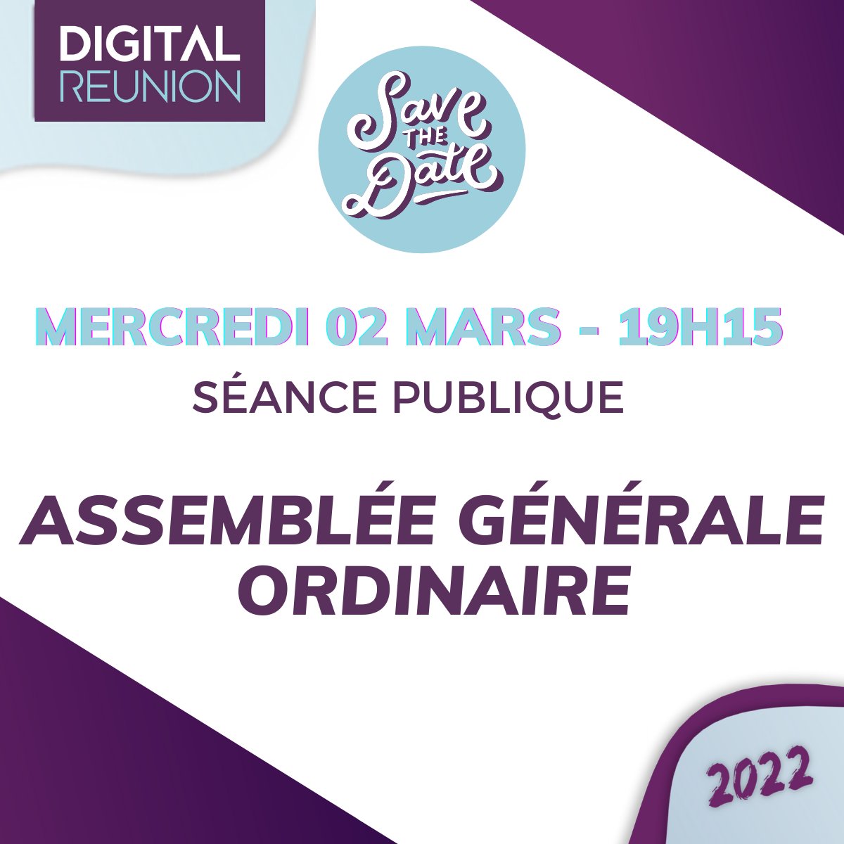Digital_Reunion's tweet photo. [𝗔𝗚𝗢 𝟮𝟬𝟮𝟮] 📣 Invitation publique à notre #Assemblée #Générale #Ordinaire
Cher(e)s collaborateur(trice)s, nous avons le plaisir de vous inviter à la séance publique de notre AGO qui se tiendra le mercredi 02 mars à 19h15.
Plus d'informations👉 https://t.co/QCcMXamX8Y https://t.co/ZXEQYhMh70