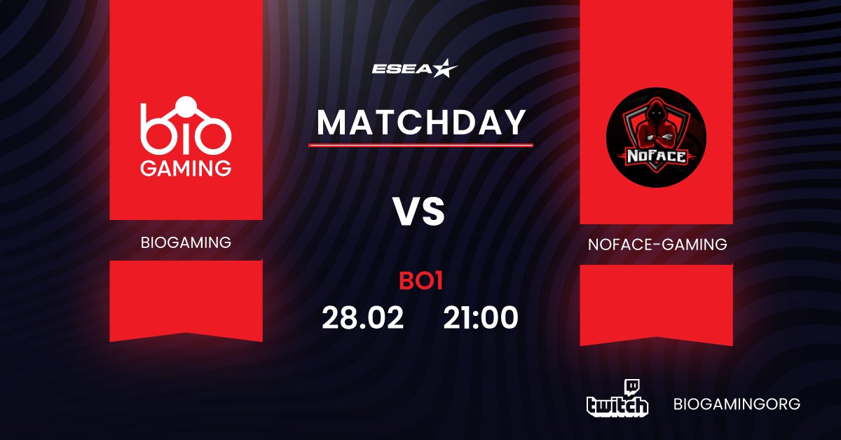 🔴 Tune in to support us and watch our official match this evening! 🔴

🏆 <a href="/ESEA/">ESEA League</a> Open
🆚 🇩🇪 <a href="/NoFaceGaming_DE/">NoFace-Gaming</a> 
📍 de_dust2
⌚ 21:00 EET
🎙️ <a href="/theVshoww/">the V show</a>

📺 twitch.tv/biogamingorg

#BIOGAMING #MATCHDAY