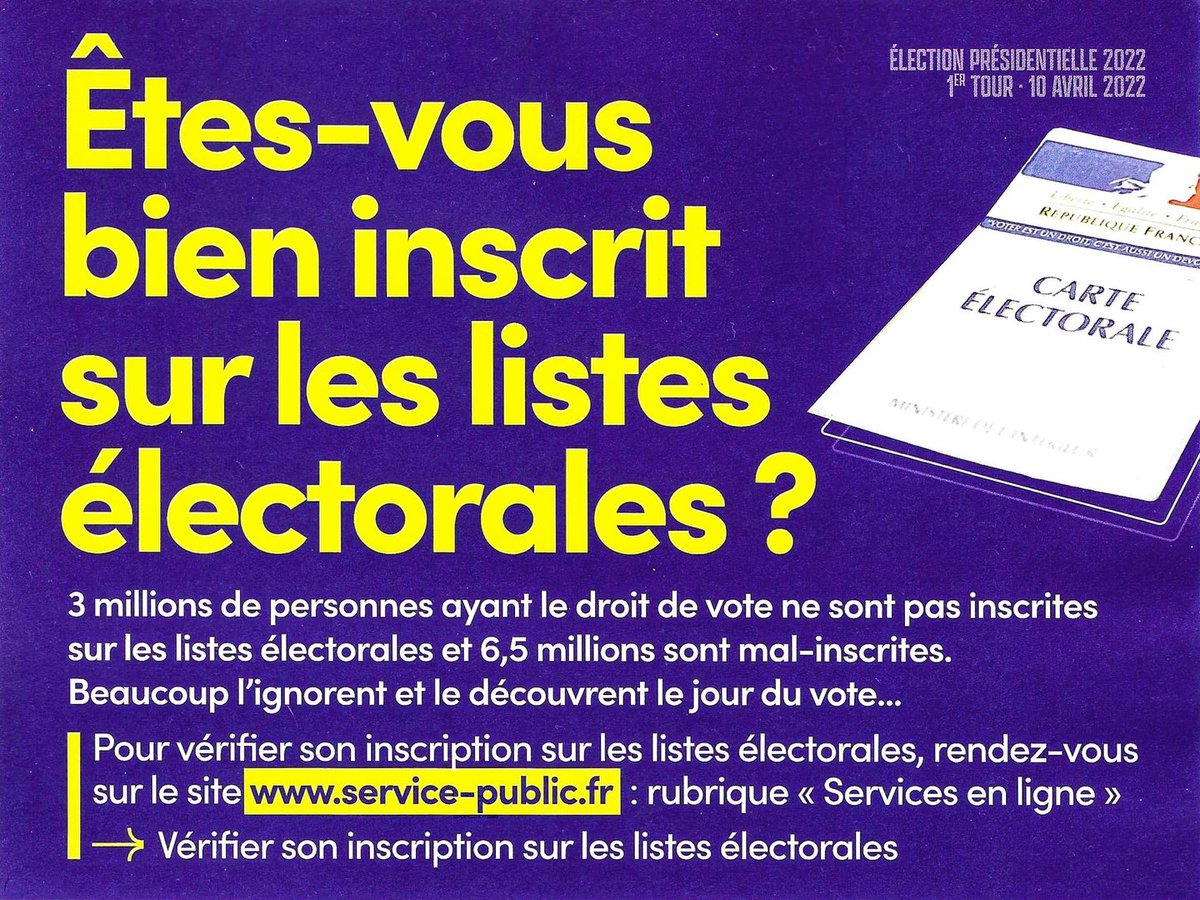 Il ne reste que 2 jours pour s'inscrire sur les listes électorales via internet. Cela prend 30 secondes de vérifier qu'on est bien inscrit donc pas d'excuse ! En avril chaque voix compte pour l'écologie, pour les hôpitaux, pour de meilleurs salaires
#MaVoixCompte