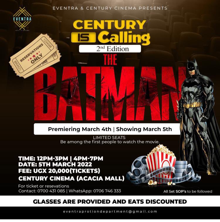 LilyNampa's tweet photo. Hey there, I hope this finds you well.
Grab yourself a ticket and watch with us The Batman movie this Saturday, 5th March at the century cinema(Acacia Mall)
Call 0700431085 now for tickets and reservations.
#CenturyIsCalling2 https://t.co/Ptykqa2tKz
