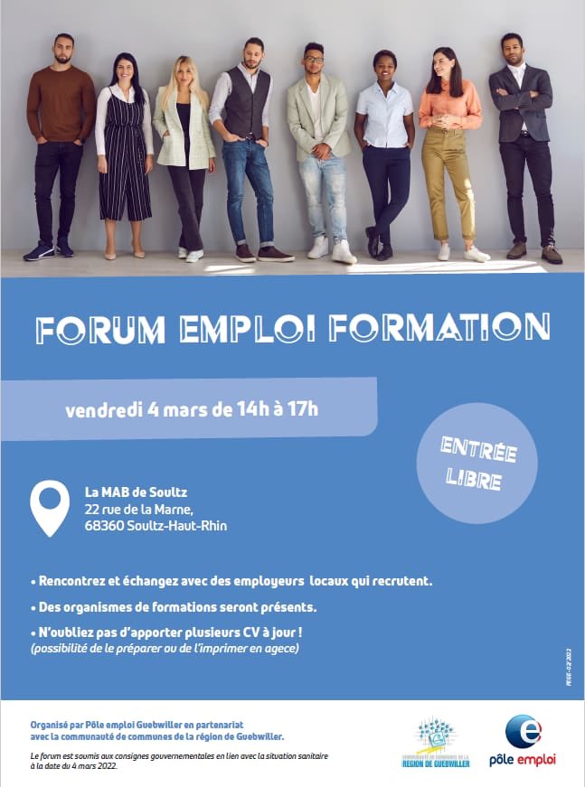 👋 #SaveTheDate 1ère édition Forum Emploi Formation #Soultz✅ @poleemploi_GE #HautRhin en partenariat avec la <a href="/CCGuebwiller/">CC Guebwiller</a> le 4/03 ➡️ Rencontres employeurs, organismes de formation pour des opportunités au plus près des usagers 👍🔝#TousMobilises <a href="/PaulHank_PE/">Paul Hank</a> <a href="/RachidaBaidane/">Rachida BAIDANE</a>