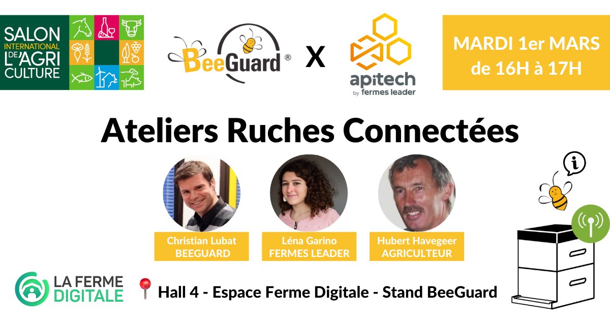 MyBeeGuard's tweet photo. 🐝 Atelier Ruches Connectées avec #ApiTech by @fermes_leader 🌻
📅 RDV Demain le 1er mars de 16h à 17h Hall 4 Stand #BeeGuard (En face du stand @BiolinebyInvivo )
#Apiculture #Ruche #AgriTech #RucheConnectée #BalanceRuche #SIA #SIA2022
@salondelagri https://t.co/dYf4N24STm