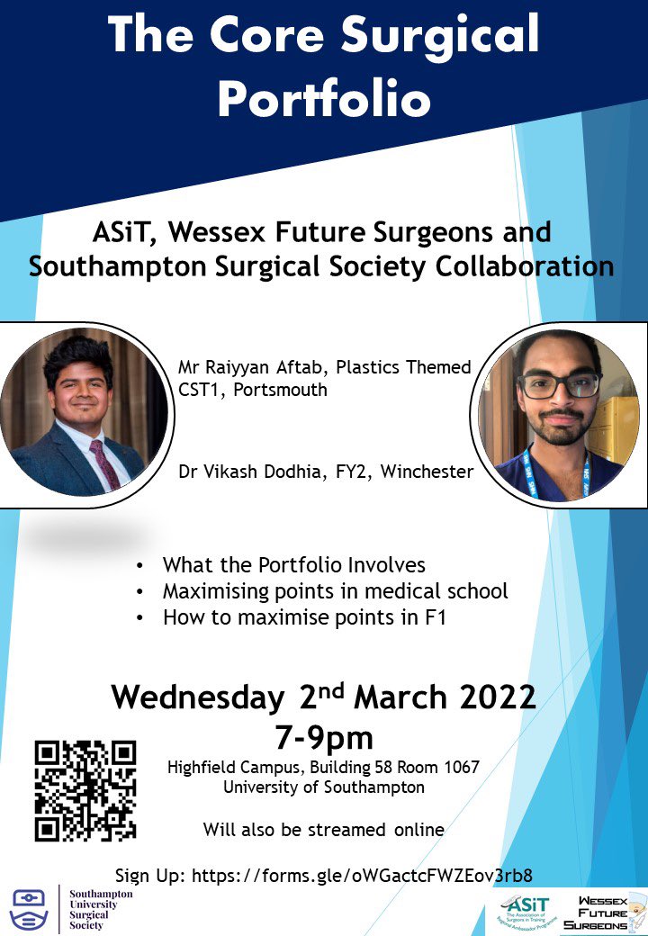 FREE core surgical portfolio talk:

THIS Wednesday 

In person at the University of Southampton and online,
Sign up: forms.gle/oWGactcFWZEov3… 

#surgery #coresurgicaltraining 
<a href="/Wessex_FSchool/">Wessex F School</a>  <a href="/UoS_Medicine/">Southampton Medicine</a> <a href="/SotonSurgiSoc/">Soton Uni SurgiSoc</a>