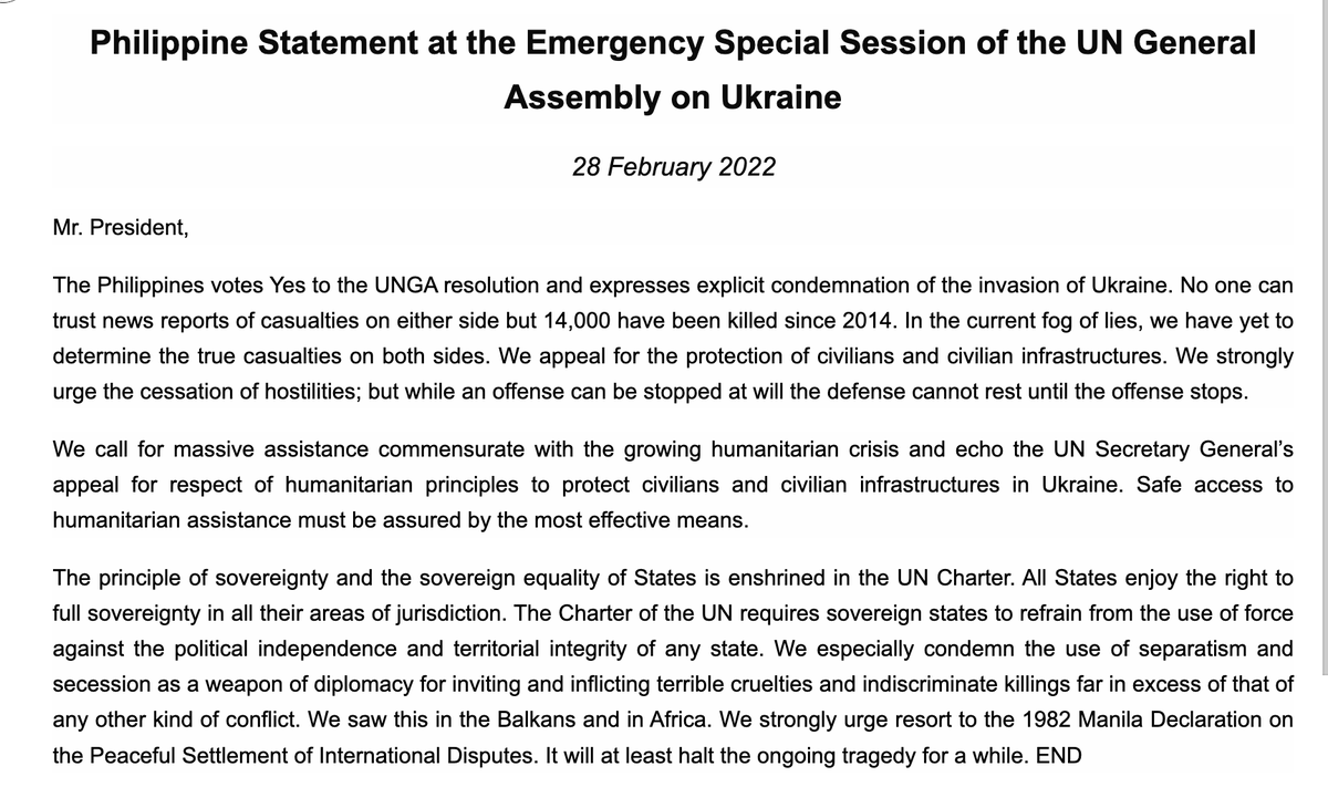 JUST IN. The Philippines explicitly condemns the invasion of Ukraine, voting YES to a resolution at the emergency meeting of the UN General Assembly. 

Strongest statement yet from the Philippines on the issue, after initial calls to peacefully resolve the crisis | <a href="/sofiatomacruz/">Sofia Tomacruz</a>
