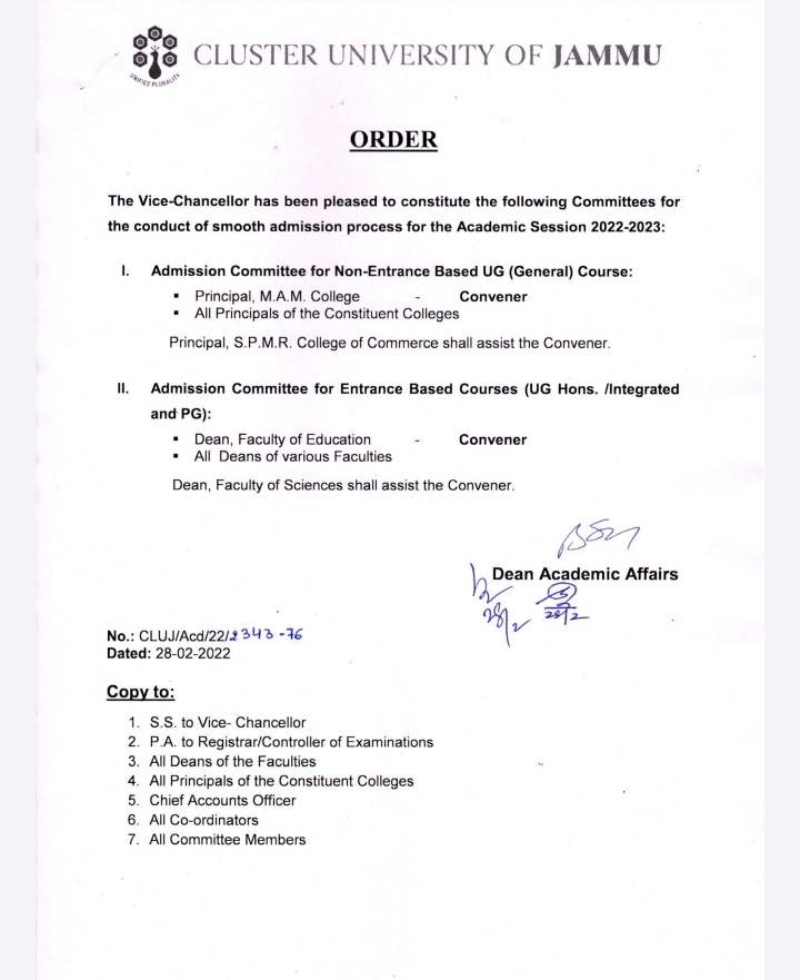 ORDER : Admission Committees constituted for the Academic Session 2022-2023. #clujammu #clusteruniversityofjammu #clusteruniversityjammu