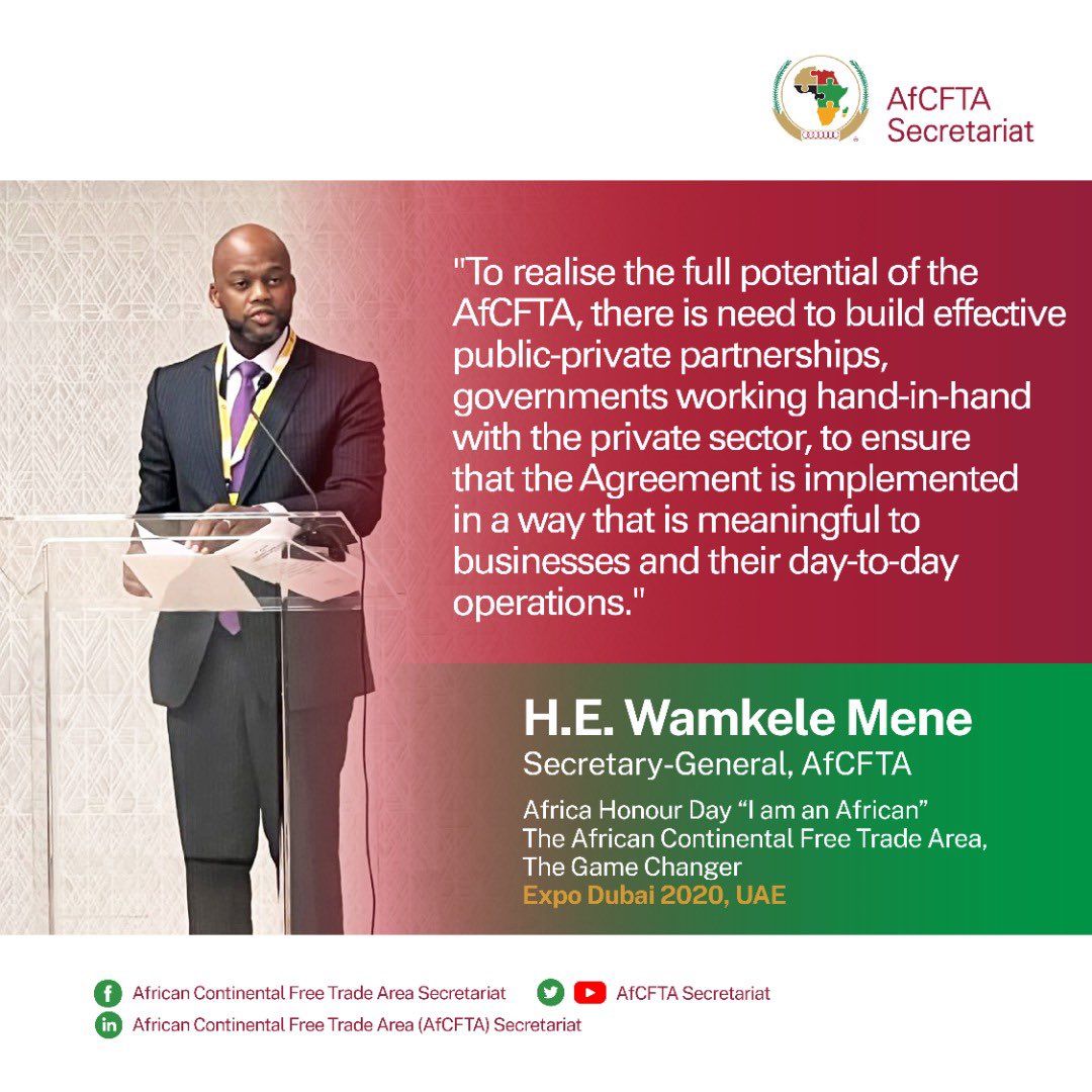 H.E. <a href="/MeneWamkele/">Wamkele Mene</a> yesterday in his keynote speech at the high level forum on “Africa open for Business” at the @expo2020dubai 

To have access to the full speech, please follow the link below👇🏽👇🏽:

au-afcfta.org/wp-content/upl…

#Expo2020Dubai 
#Africa
#OneAfricanMarket
#AfCFTA
#Trade