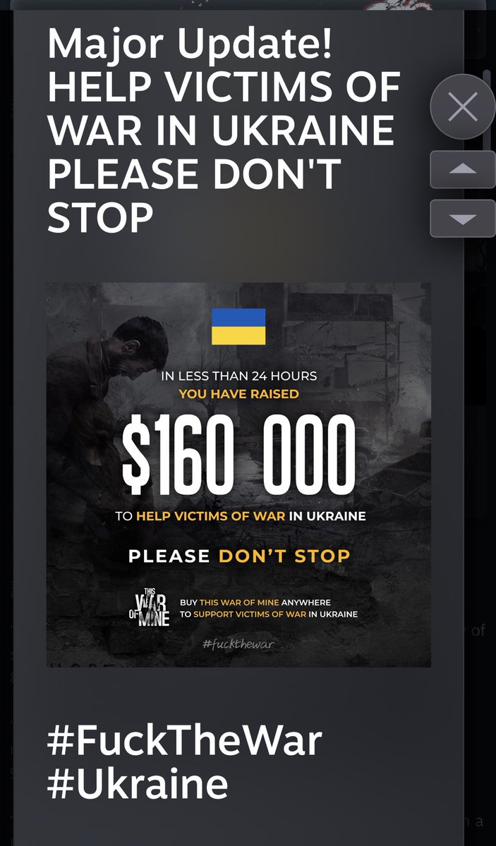 不好意思佔用大家一點時間推一下…

🔺 25/02 - 03/03期間無論在什麼平台購買This war of mine這個遊戲所得的金額將會直接捐贈到烏克蘭紅十字會直接幫助當地的人民🔺

如果情況許可下，希望大家都可以支持一下！不只是買到一個評價高的遊戲同時也可以幫助到被戰爭影響的人！

#Ukraine #FuckTheWar