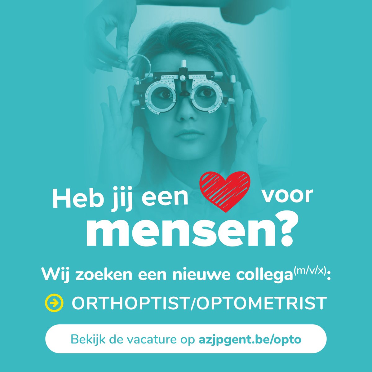 Wij zoeken een nieuwe collega! 👀

Check onze #vacature 👉
orthoptist / optometrist: azjpgent.be/opto
en solliciteer!

Tot snel?!

#bejobs #gent #hartvoormensen❤️ #jobs #optometrist