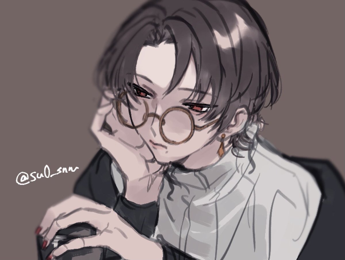 1boy male focus glasses jewelry red eyes earrings solo  illustration images