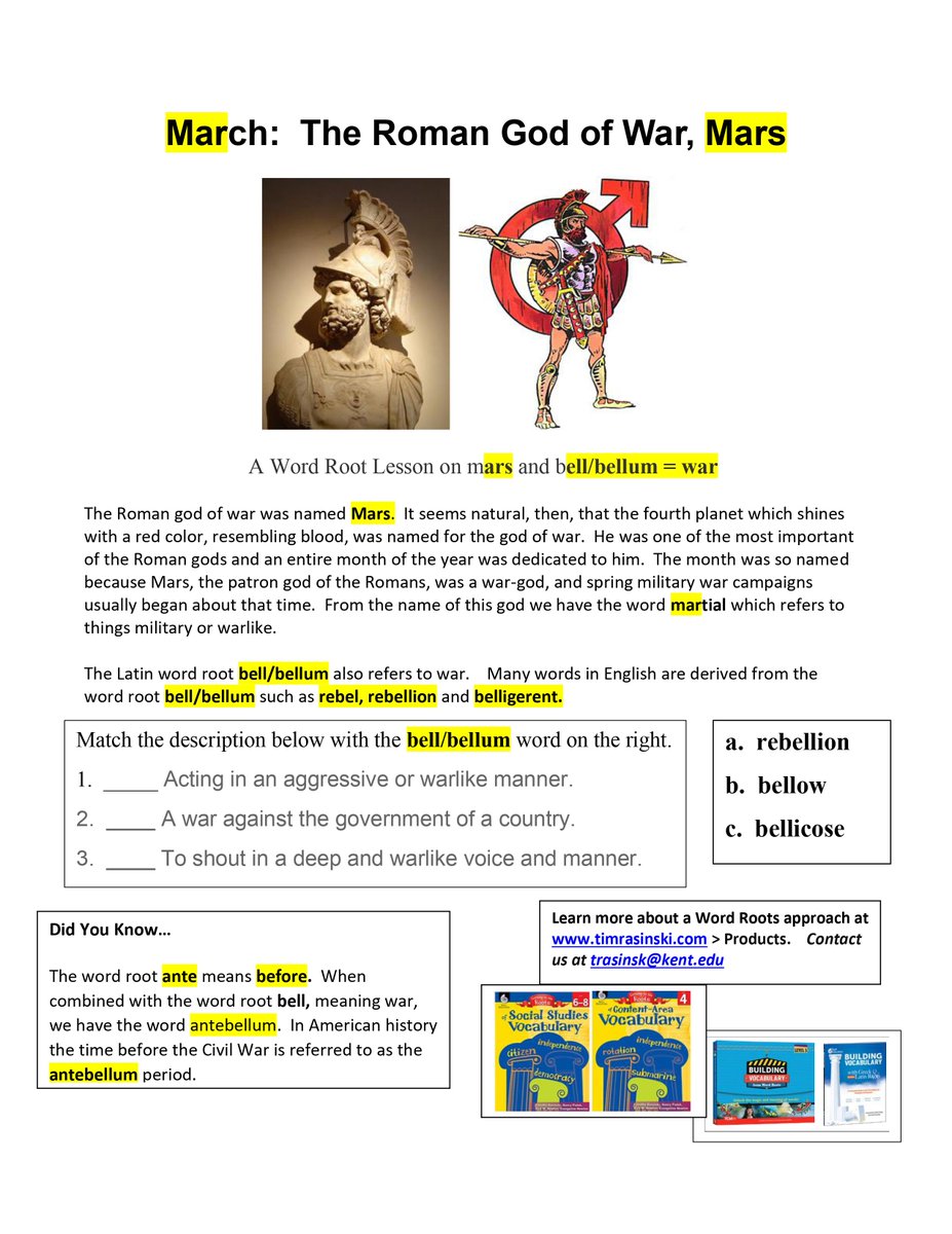 TimRasinski1's tweet photo. Morphology Monday!
The month of March begins Tuesday - this week's word roots are "Mars" (the Roman god of war) &amp; "bel/bell" (the Latin word root for war). These roots are particularly relevant in light of recent events in Ukraine. 
@ILAToday @ascd  @DyslexiaIDA @reading_league https://t.co/3lO6FCfSqw