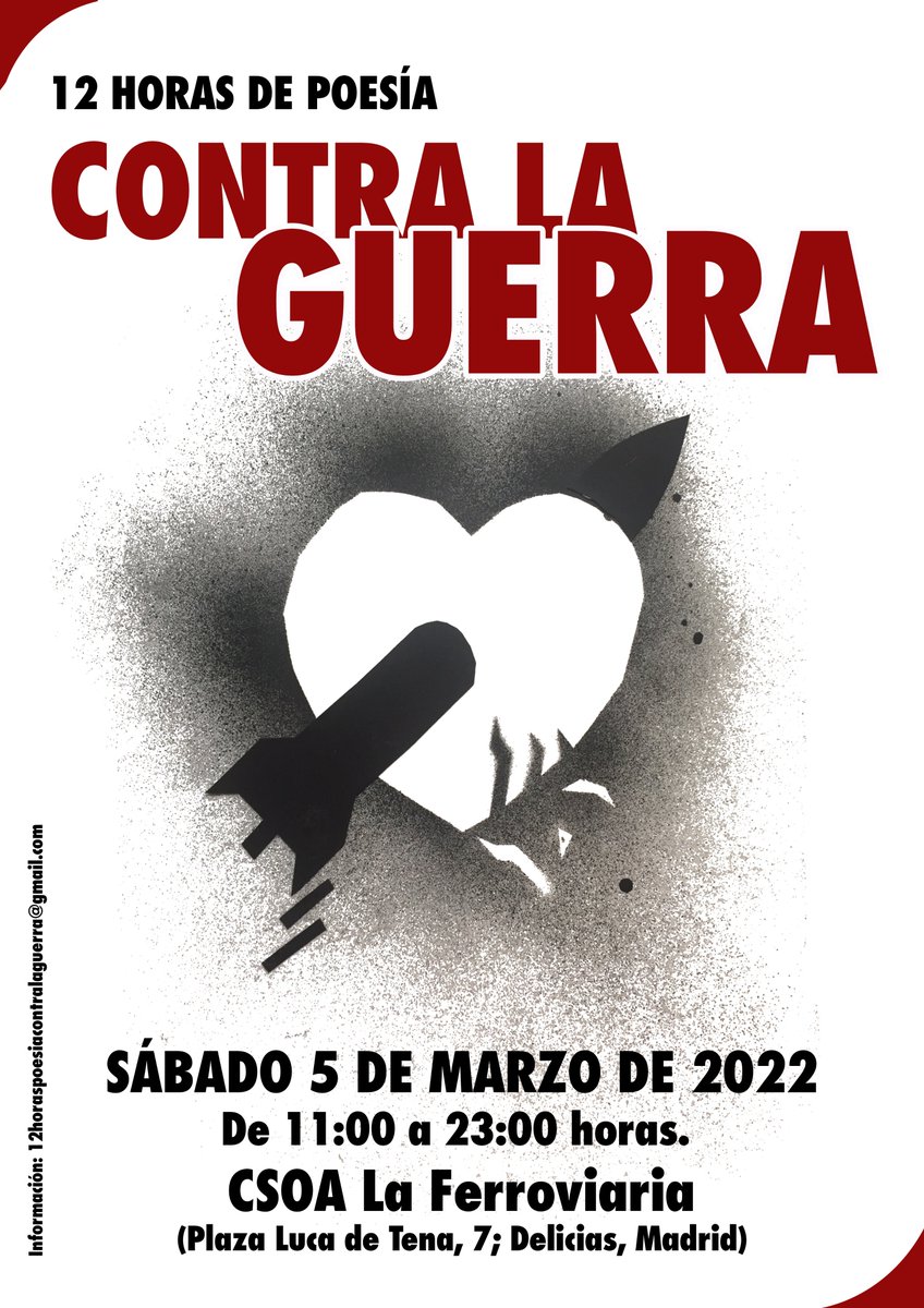 VocesExtremoMad's tweet photo. El próximo 5 de marzo os convocamos en este encuentro de 12 horas de POESÍA CONTRA LA GUERRA. ¡Toda la info en el cartel! https://t.co/cFv1uSCwKq