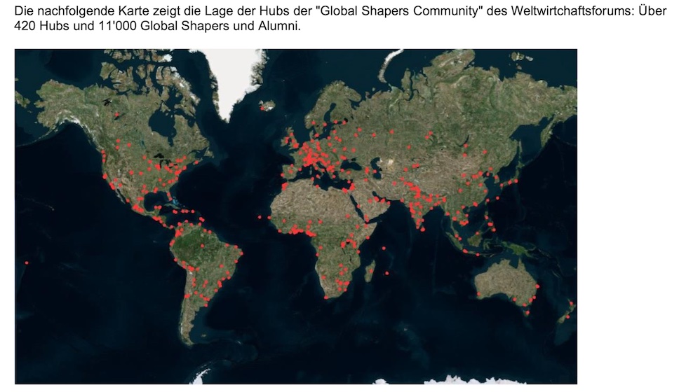Die nachfolgende Karte zeigt die Lage der Hubs der "Global Shapers Community" des Weltwirtchaftsforums: Über 420 Hubs und 11'000 Global Shapers und Alumni.