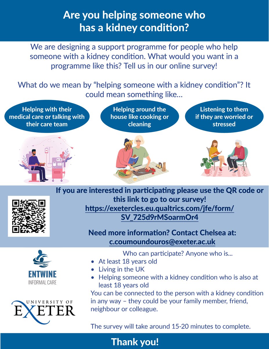 Are you a family member, friend or other supporter of someone with a kidney condition, living in the UK?

Participate in our online survey! 

Tell us what you would want in a programme designed to support you!

Survey🔗👇
exetercles.eu.qualtrics.com/jfe/form/SV_72…

#