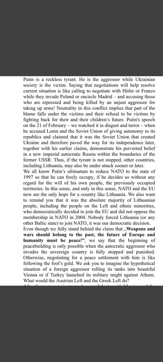 A statement from the Lithuanian left. I've heard so many supposed 'anti-imperialists' in the UK present naive or cynical takes about 'NATO expansionism' and supposed anti-war stances. Please reflect on how that sounds to progressives from countries of the formally occupied.