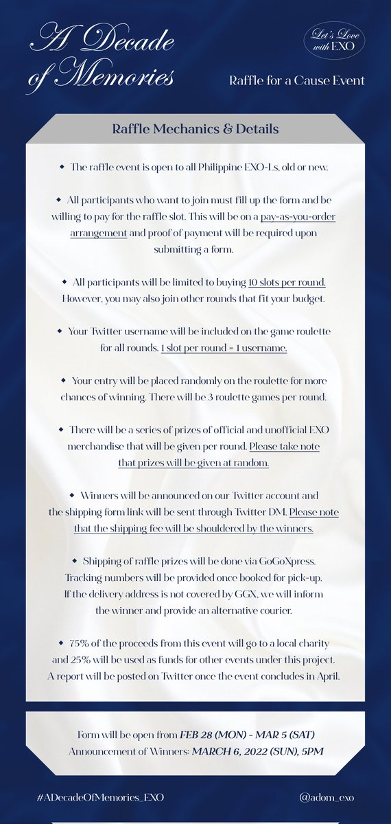 adom_exo's tweet photo. San makakarating ang PHP 10 mo? Get a chance to grab official &amp; unofficial EXO merchandise from our Raffle for a Cause Event! 💙

Form Link: https://t.co/yFmiMvbmU2
Event Period: FEB 28, 8 PM to MAR 5, 9 PM
Announcement of Winners: MAR 6, 5PM

#ADecadeOfMemories_EXO @weareoneEXO https://t.co/6254Sm2A0c