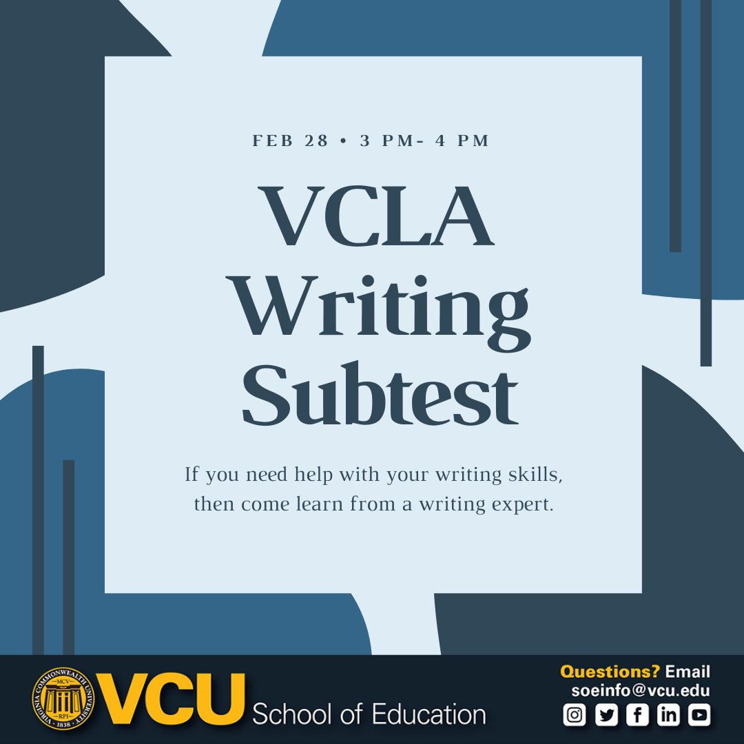 The #VCUSOE Student Success team is partnering with the <a href="/VCUWritingCtr/">VCU Writing Center</a> to help you prepare for the VCLA Writing subtest! Come learn from a writing expert! Today, Feb. 28, 3-4 p.m. Hope to see you there! Register: bit.ly/SOE-VCLA <a href="/VCU/">VCU</a> <a href="/vcualumni/">VCU Alumni</a> <a href="/AndrewDaire/">Dr. Andrew P. Daire</a>