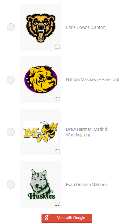 SectionXStats's tweet photo. Nominees this week are Chris Downs (Canton), Nathan Mashaw (Heuvelton), Drew Harmer (Madrid-Waddington) and Evan Dumas (Malone)!

Learn about the nominees performances last week and vote at https://t.co/Q0j8o3tZjT https://t.co/KCCnvF1KCE