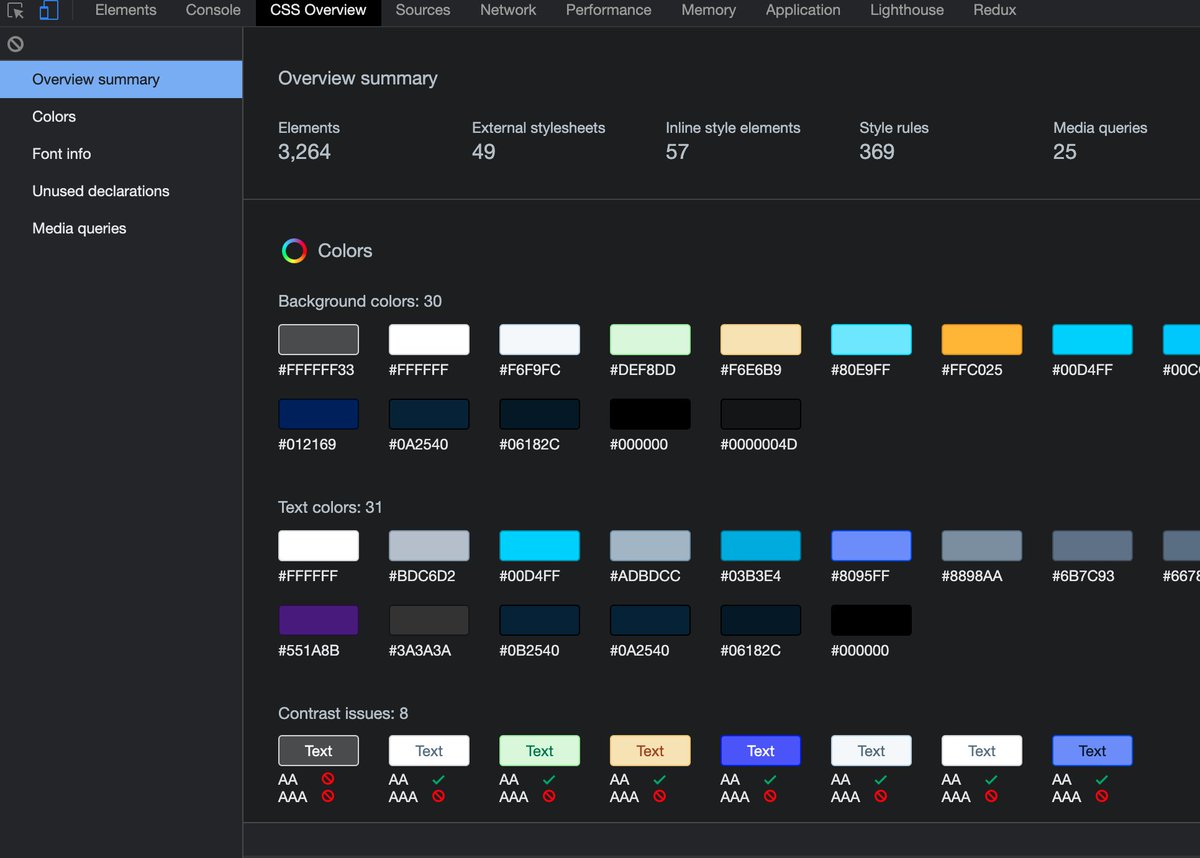🔥 Cool Tip: How to get fonts and colors from any website in Chrome.

1. Enable CSS Overview under settings > experiments > CSS Overview. (you should see a new CSS Overview tab after this)

2. Click on Capture Overview from CSS Overview tab.

3. Enjoy!