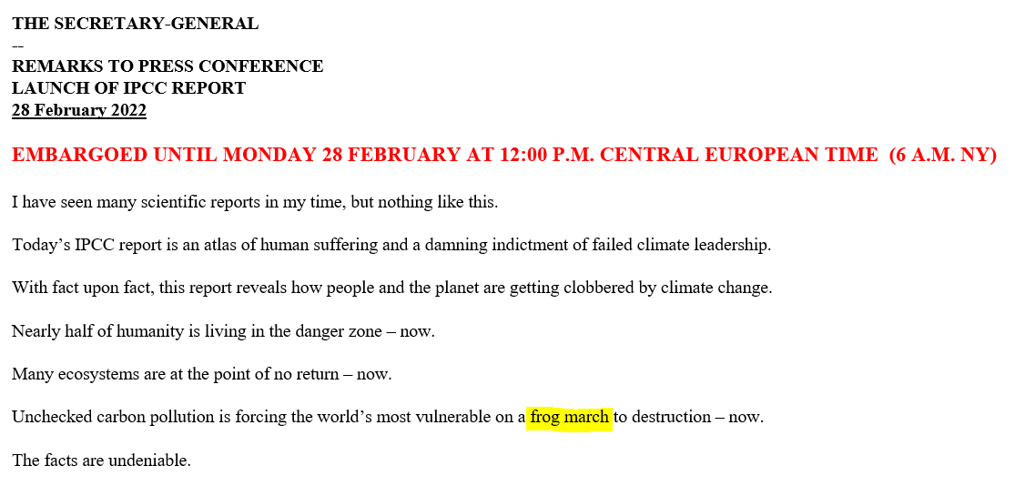 beecycles's tweet photo. A lot of important #climatechange news this morning, with the release of the #IPCC's latest report on 'Impacts, Adaptation and Vulnerability,' 
... the least of which being that the Secretary-General of the United Nations, António Guterres, is trying to make "#frogmarch" happen. https://t.co/DLa1Urok4T