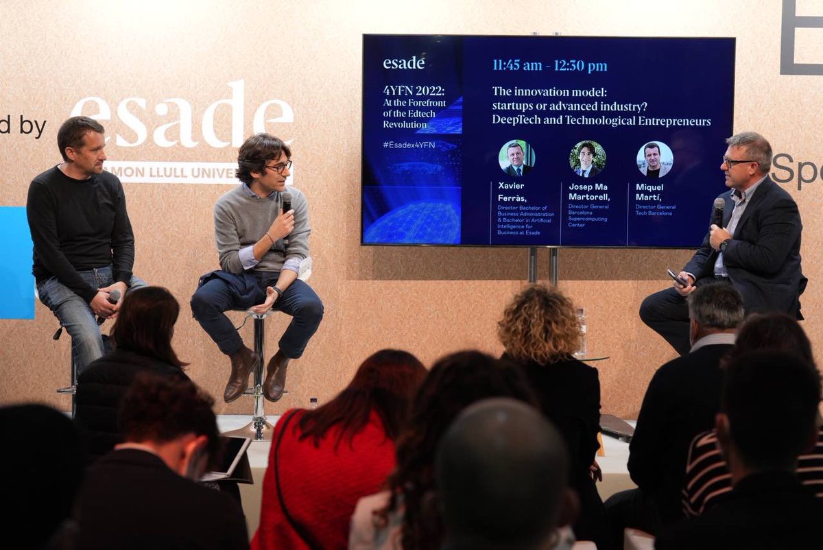 Esade's tweet photo. 💡We are kicking off today's agenda with “The innovation model: startups or advanced industry?” Led by @XavierFerras, professor and director of Esade’s #BAIB, @martorellBSC, DG of the @BSC_CNS and @MiquelMarti11, DG of @TechBarcelona.
#Esadex4YFN https://t.co/DJbgjSMt2k