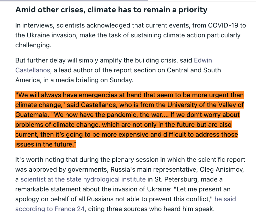 <a href="/antonioguterres/">António Guterres</a> <a href="/UNEP/">UN Environment Programme</a> <a href="/IPCC_CH/">IPCC</a> <a href="/edwardrcarr/">Ed Carr</a> <a href="/schipper_lisa/">🌎 ✊@lisaschipper.bsky.social</a> <a href="/DianaLiv/">Diana Liverman</a> IPCC author Edwin Castellanos of Guatemala stressed the need for continuity amid other crises: "We will always have emergencies at hand that seem more urgent than climate change," but inaction will compound losses ahead, he said. revkin.bulletin.com/un-climate-pan…