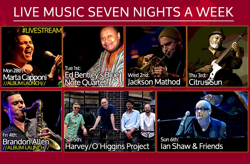 Live Music@ 606 28 Feb-6 March: 🎹🎤🎶
Mon 28th <a href="/martacapponi/">Marta Capponi</a> (1st set #livestreamed)
Tue 1st Ed Bentley
Wed 2nd <a href="/Jacksonmathod/">Jackson Mathod</a> 
Thu 3rd <a href="/CitrusSun/">Citrus Sun</a>
Fri 4th Brandon Allen <a href="/bdajazz77/">Brandon Allen</a> 
Sat 5th Harvey/O'Higgins <a href="/daveohig/">Dave O'Higgins</a> 
Sun 6th <a href="/ianshawjazz/">Ian Shaw</a> 
Info/book: 606club.co.uk/events/
