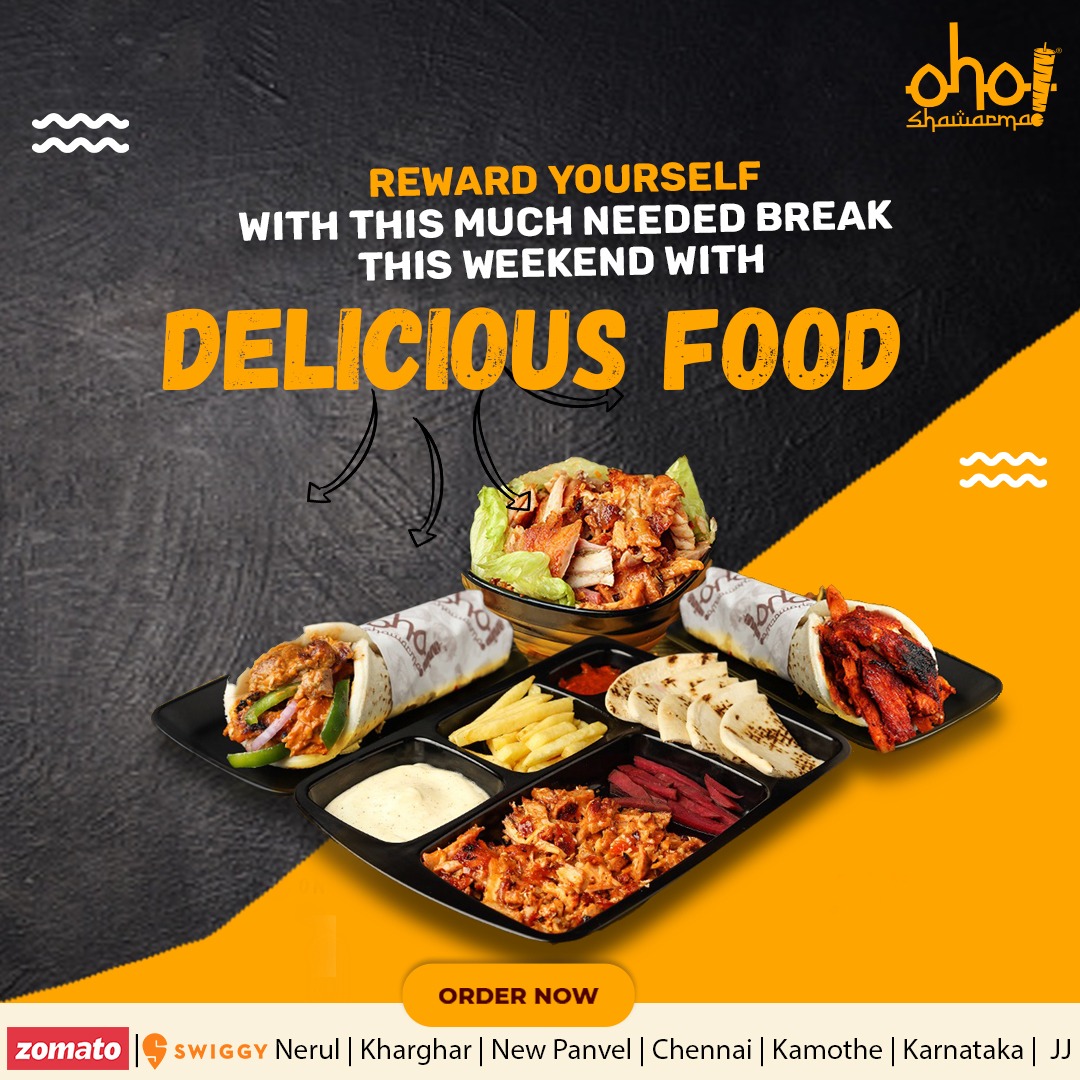 OhoShawarma's tweet photo. Reward yourself with this much needed break this weekend with delicious food from Oho Shawarma
Try out our range of magical &amp; heavenly food TODAY!
Visit any of our exclusive outlets or call
us for home delivery.
📍Nerul
📍Kharghar
📍New Panvel
📍Chennai
📍Kamothe
📍Karnataka https://t.co/zQA1WtvYKs