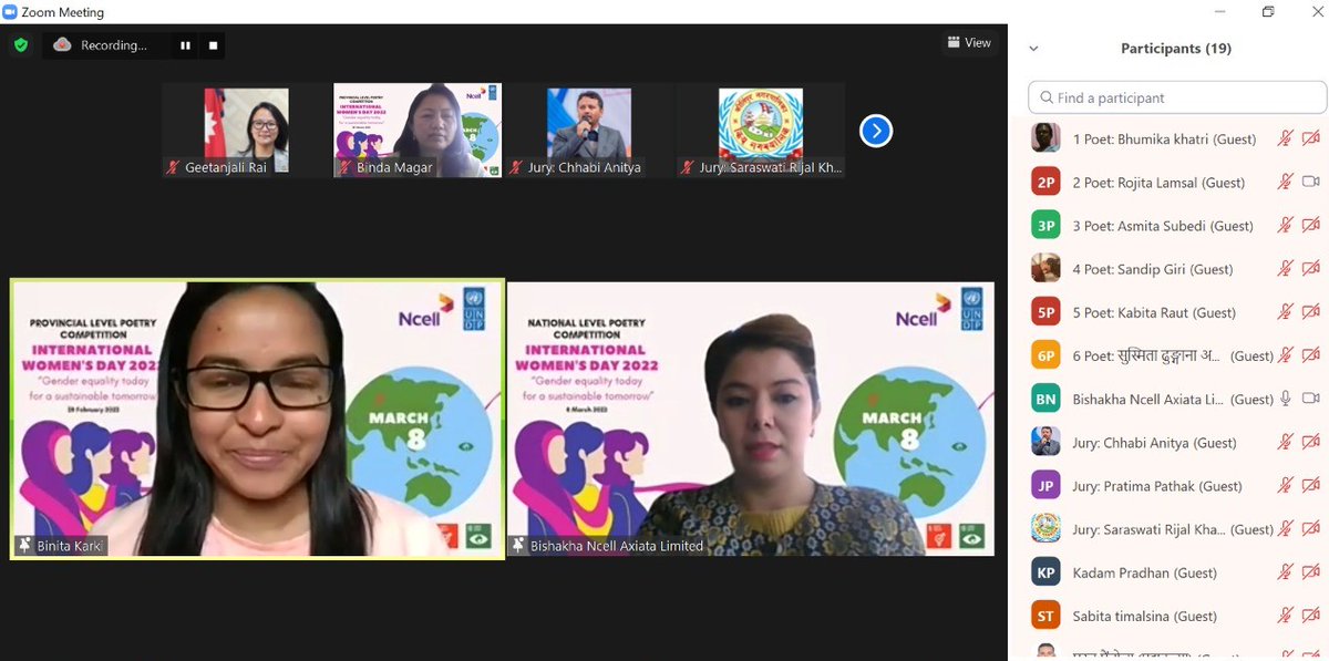 UNDPNepal's tweet photo. As part of #IWD2022, provincial level poetry competition was organized by UNDP together w/ @Ncell. 68 students from 7 provinces creatively expressed their ideas through poems on gender equality and role of women in mitigating climate risk. https://t.co/DQbx1HX9Ii