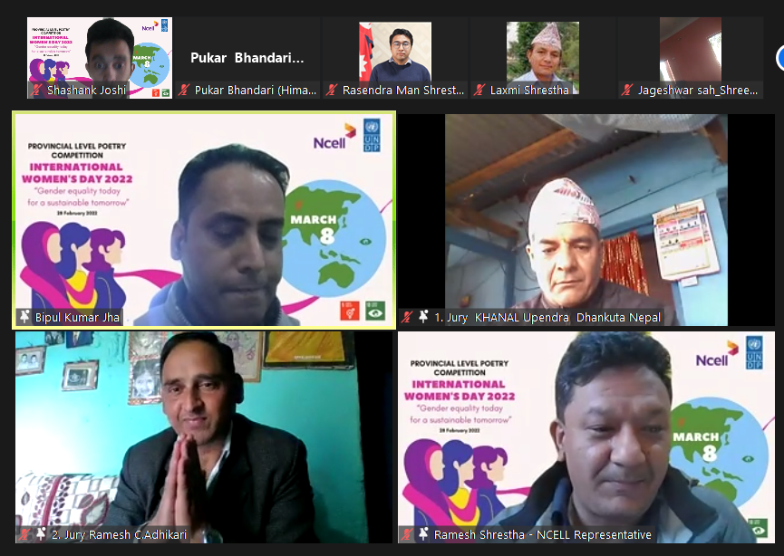 UNDPNepal's tweet photo. As part of #IWD2022, provincial level poetry competition was organized by UNDP together w/ @Ncell. 68 students from 7 provinces creatively expressed their ideas through poems on gender equality and role of women in mitigating climate risk. https://t.co/DQbx1HX9Ii