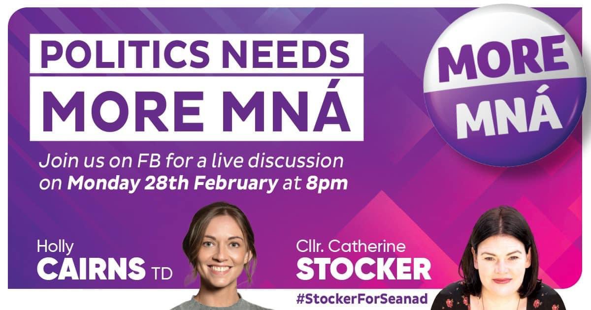 SocDemsDBS's tweet photo. This evening @HollyCairnsTD will be joining @CatzStocker to discuss MoreMná and what it means to have more women in politics. 

FB live at 8pm.💜

#MoreMná
#SocDems
#StockerForSeanad https://t.co/O9mdhEneUq