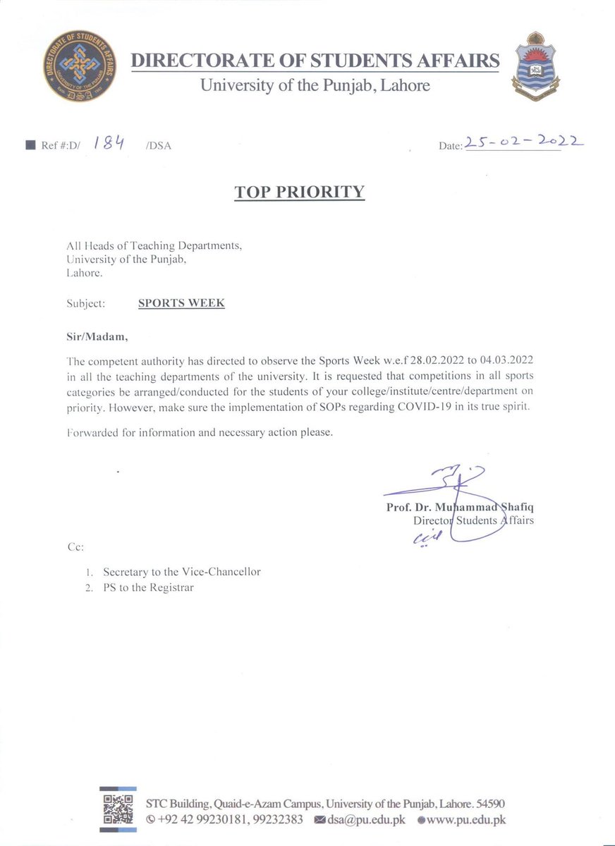PU_OfficialPK's tweet photo. University of the Punjab declared a #Sports_Week from 28.02.2022 to 04.03.2022 in all the teaching departments of the University.
#LifeAtPunjabUniversity https://t.co/WWBM6toNk2