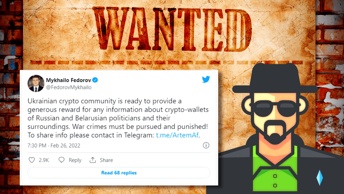 Awi10537978's tweet photo. Ukraine’s Minister of Digital Transformation Mykhailo Fedorov called for tip-offs on addresses of crypto wallets belonging to Russian politicians and for action against “war crimes” in a tweet. The funds will come from private crypto, contributed by the Ukrainian crypto community https://t.co/uHv3AbPwhG