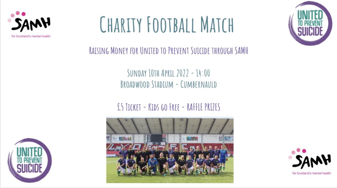 DarrenNicholl1's tweet photo. We're arranging a Football match on Sunday 10th April to raise money for @TalkToSaveLives through @SAMHtweets 

As part of our fundraising we are seeking prizes that can be auctioned or raffled. If you have anything you would be willing to donate then get in touch 💜 https://t.co/bhQ7CsWiaf