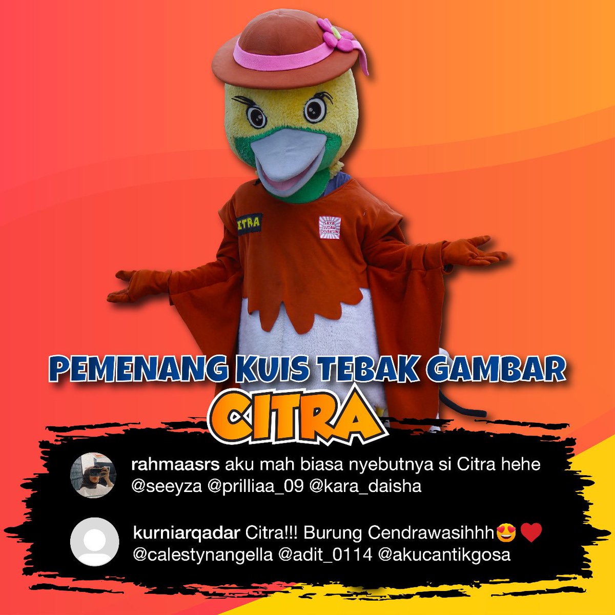 JungleLand Indonesia (@jungleland_indo) on Twitter photo Selamat ya buat pemenang minggu lalu <a href="/rahmaasrs/">π¬πππ‘π’π«ππ</a> & @kurniarqadar π₯³ Jawaban yang benar itu: CITRA, burung cendrawasih si sosok yang periang π₯°
Silahkan DM Mimin untuk konfirmasi kedatangan H-2 ya
#jungleland #junglelandsentul #themepark #wahanabermain #duniaseru #sentul #sentul Selamat ya buat pemenang minggu lalu <a href="/rahmaasrs/">π¬πππ‘π’π«ππ</a> & @kurniarqadar π₯³ Jawaban yang benar itu: CITRA, burung cendrawasih si sosok yang periang π₯°
Silahkan DM Mimin untuk konfirmasi kedatangan H-2 ya
#jungleland #junglelandsentul #themepark #wahanabermain #duniaseru #sentul #sentul