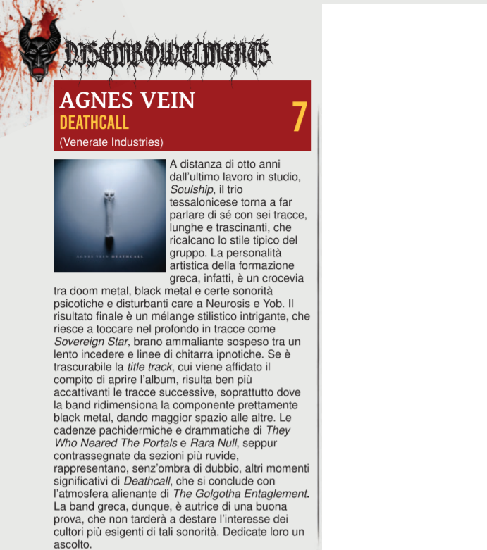 venerate2004's tweet photo. A cool print review on Agnes Vein's "Deathcall" by the great people over at @rockharditaly 

Grazie signori!🙏

Get down with Agnes Vein here > https://t.co/VcyR8RuobW https://t.co/RZqDQlVYoc