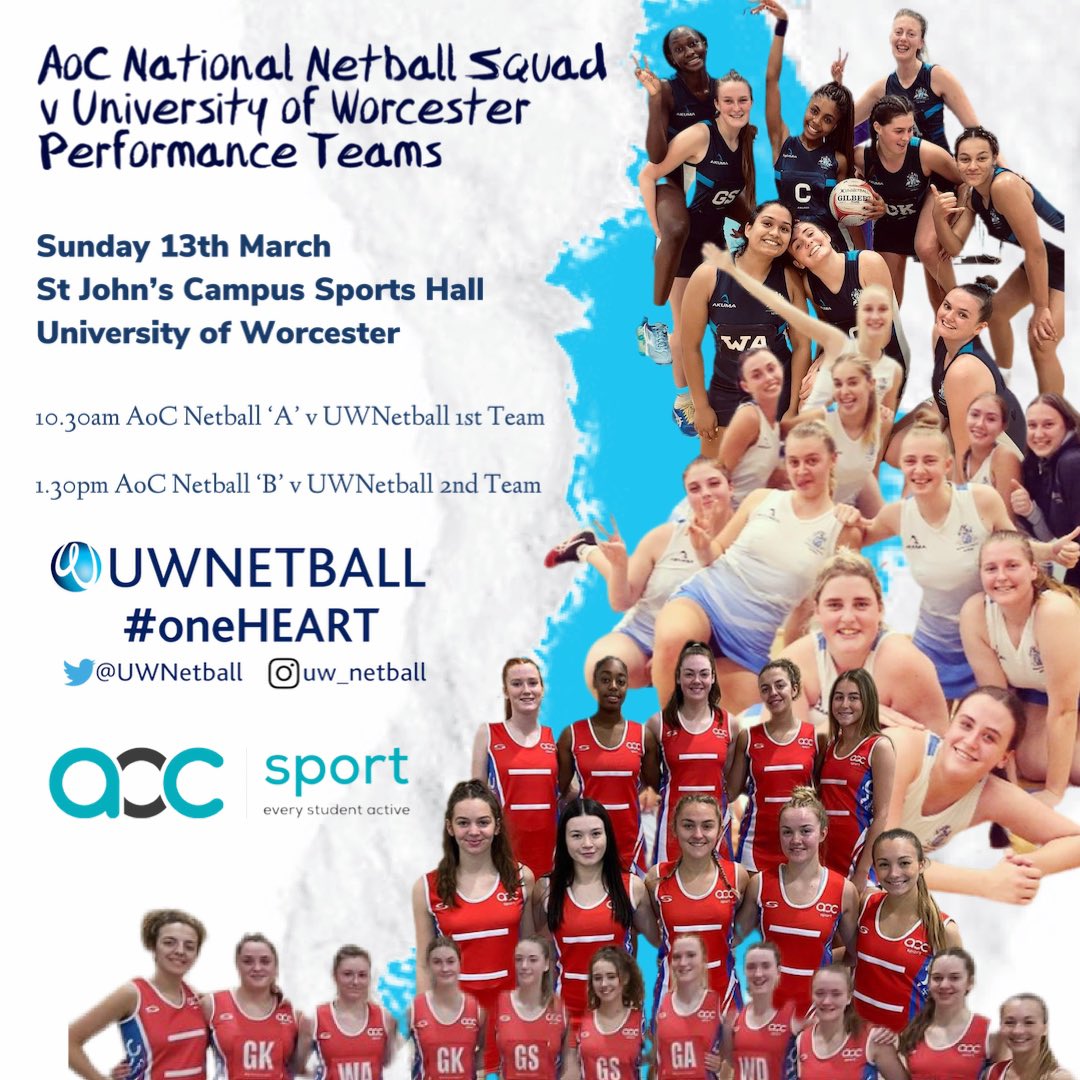 UWNetball's tweet photo. We can’t wait to welcome the @AocSquad team to @worcester_uni for friendly fixtures v @UW_Performance teams on Sunday 13th March 💙🏴󠁧󠁢󠁥󠁮󠁧󠁿❤️ - Spectators are welcomed to watch the fab netball on display at St. John’s Campus sports hall @julie6273 @UniWorcSES @AoC_Sport @worcuninews https://t.co/KSzHzaujko
