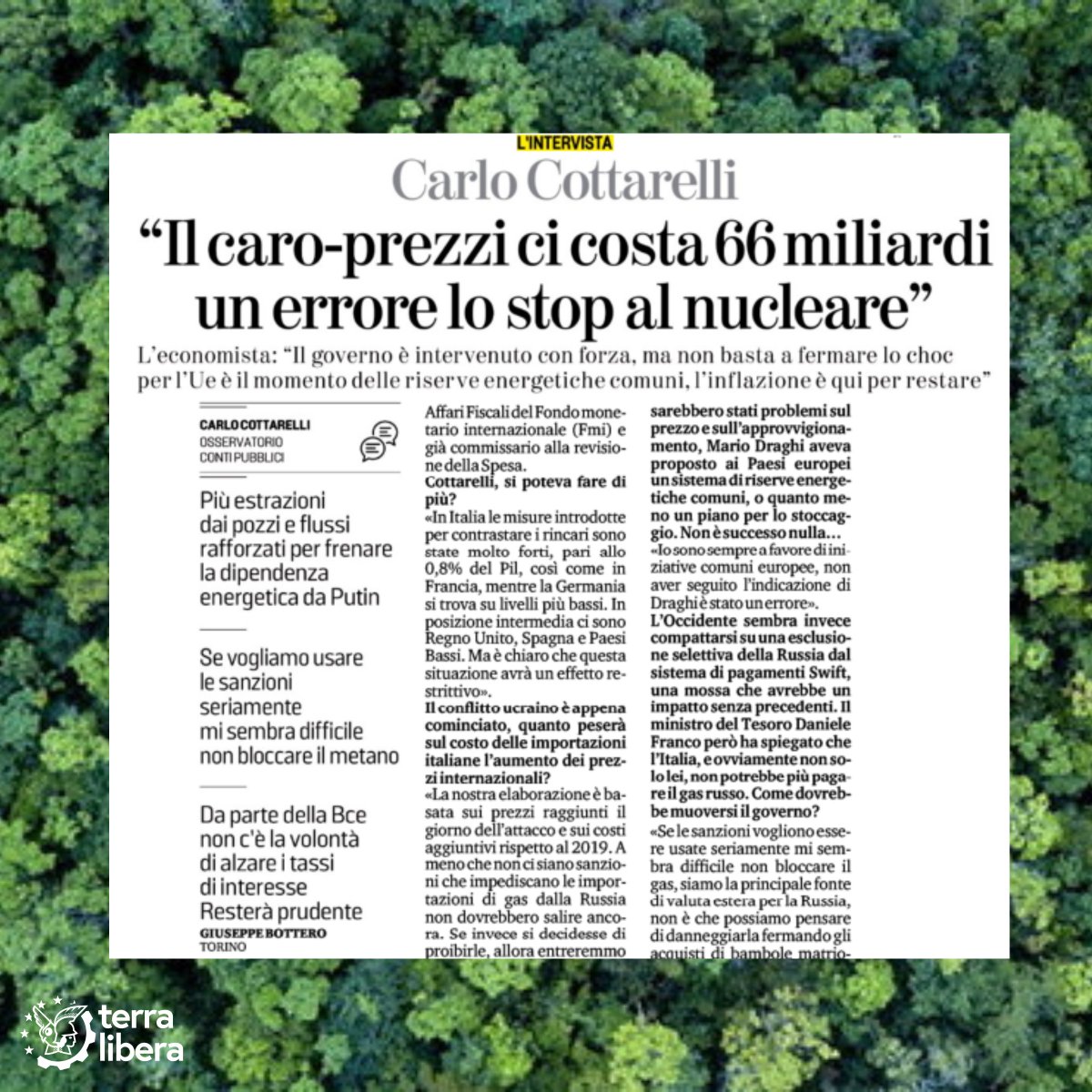 L’autonomia strategica europea è essenziale e noi lo diciamo da sempre. Se ne stanno  accorgendo un po’ tutti. Lo afferma anche <a href="/CottarelliCPI/">Carlo Cottarelli</a>, ieri ne La Stampa. Mai più dipendenti da dittatori, se vogliamo essere un Italia, un’Europa, una Terra Libera! 
#energia #nucleare