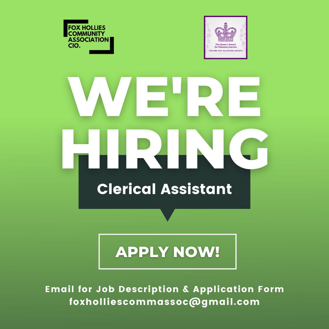 We're #hiring at <a href="/FoxHolliesCA/">Fox Hollies Community Association CIO</a> for a clerical assistant. It's an exciting time to join our team.

Come on board to help with us to continue supporting our community. 

Find out more details today: indeedhi.re/3HuBD6r

DEADLINE: 28th March: Midday.