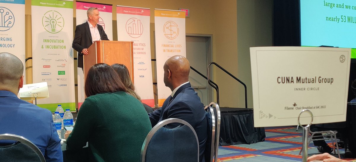 TruStage's tweet image. Day two of #CUNAGAC is underway! @fileneresearch Chair Breakfast is first up. President Mark Meyer getting the crowd fired up. #BombDiggity