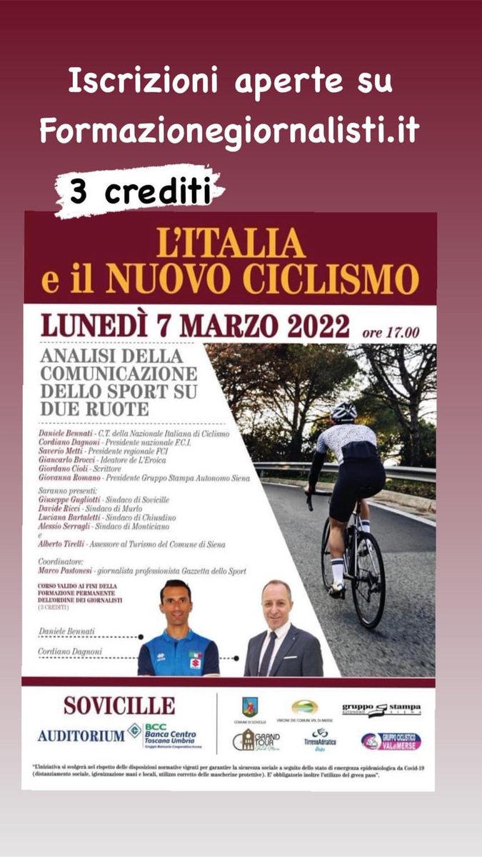 Corso di formazione in presenza il 7 marzo: “L’Italia e il nuovo ciclismo: analisi della comunicazione dello sport su due ruote” gruppostampa.siena.it/2022/02/28/cor…