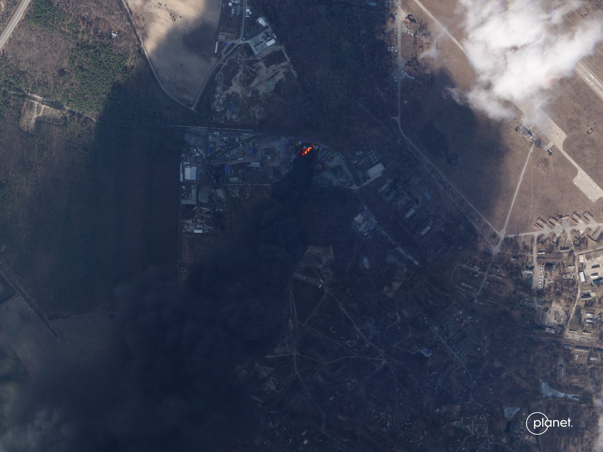 Planet imagery captured on Sunday of a fire at Ukraine's Vasylkiv Air Base outside of Kyiv: