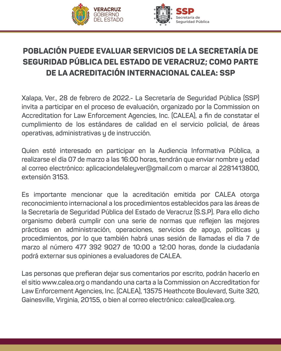 📰 #VeracruzMeInforma: Población puede evaluar servicios de la Secretaría de Seguridad Pública del Estado de Veracruz; como parte de la Acreditación Internacional CALEA: SSP
 
Más información: bit.ly/3tdMJHW