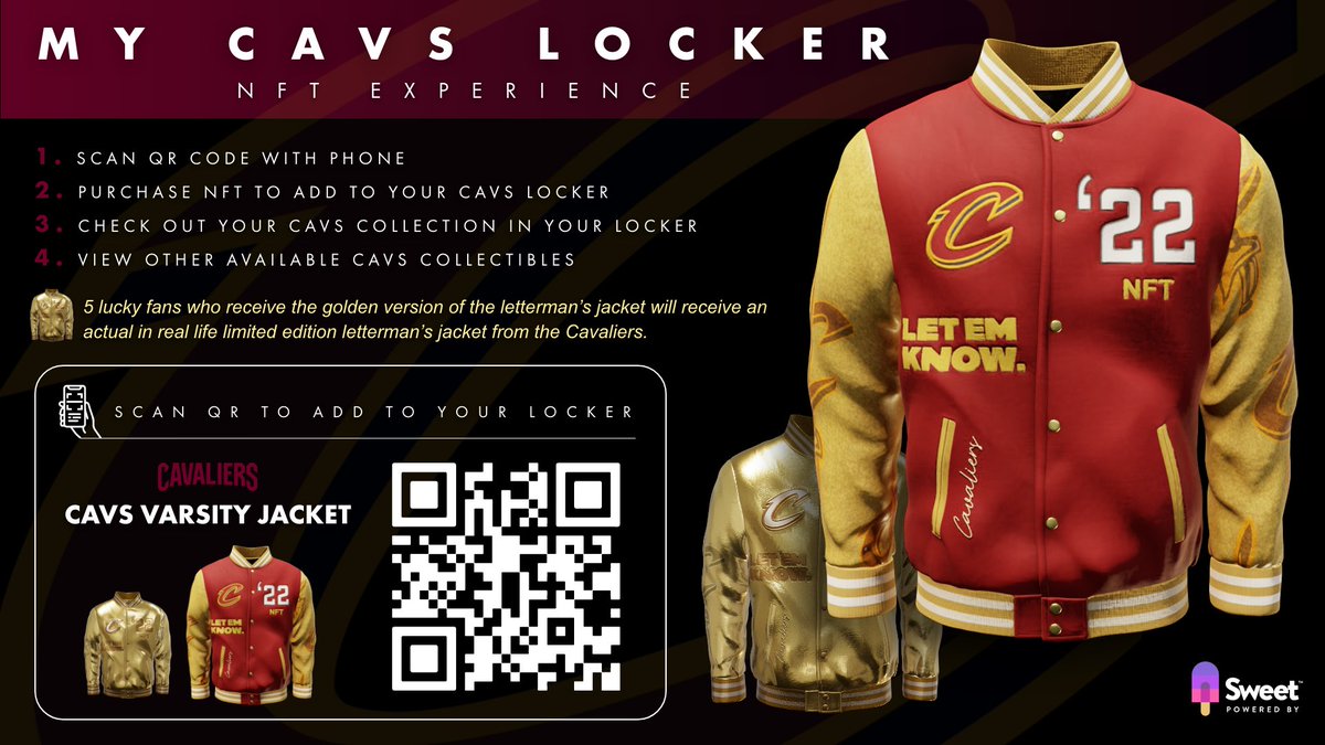 Tonight's Cavs v. TWolves NFT drop is 🔥. Limited edition of 150 minted Cavs letterman jackets for your Cavs Locker. 5 lucky fans who get the golden jacket token will become proud owners of an exclusive, in real life, Cavs letterman's jacket.  #LetEmKnow #NFT #NFTs